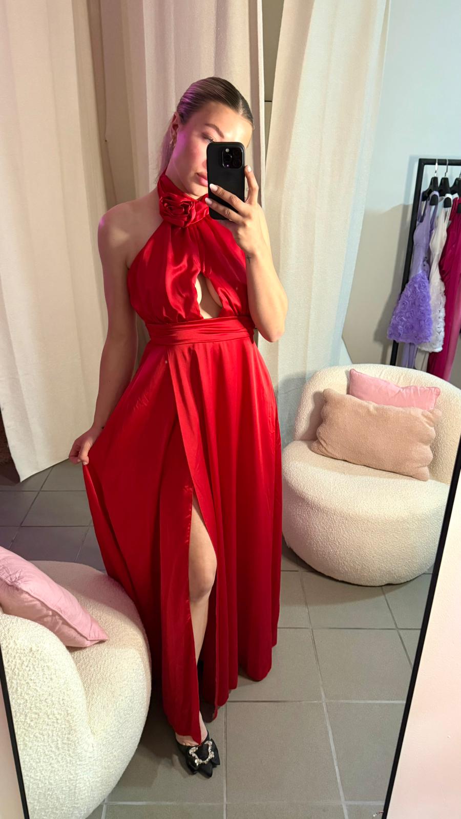 Rochie Lungă din Satin cu Detaliu Floral