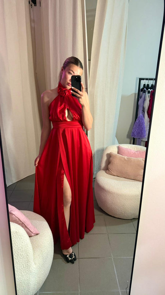 Rochie Lungă din Satin cu Detaliu Floral