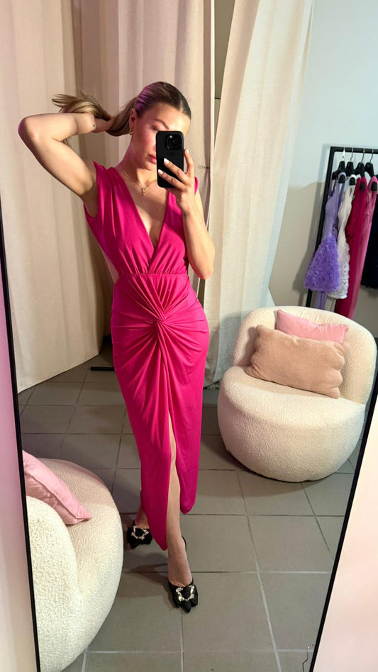Rochie Lungă Roz Fucsia cu Decupaje
