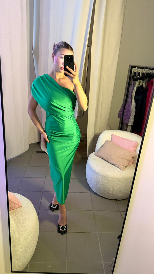 Rochie Midi Satinată Asimetrică