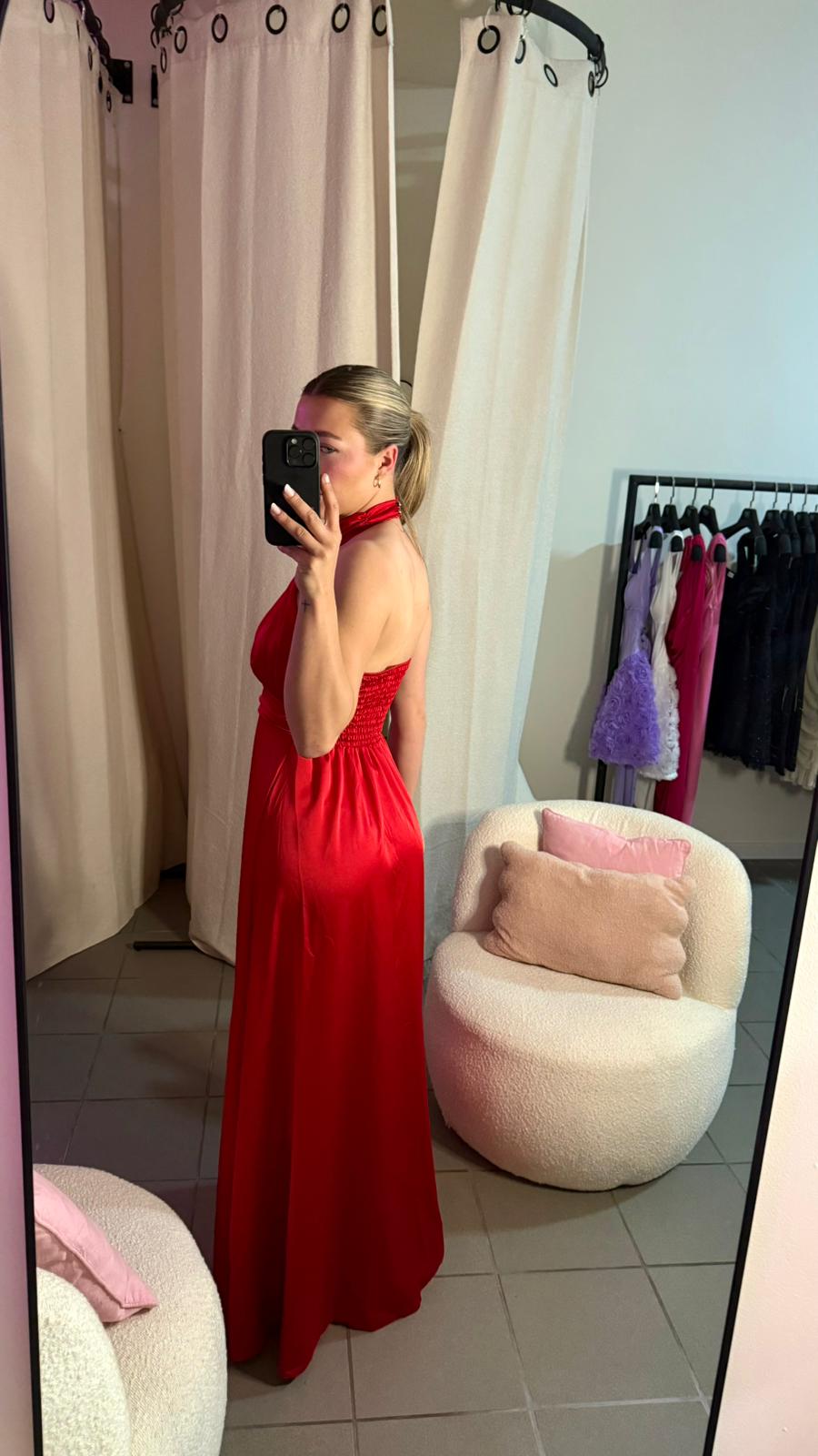 Rochie Lungă din Satin cu Detaliu Floral