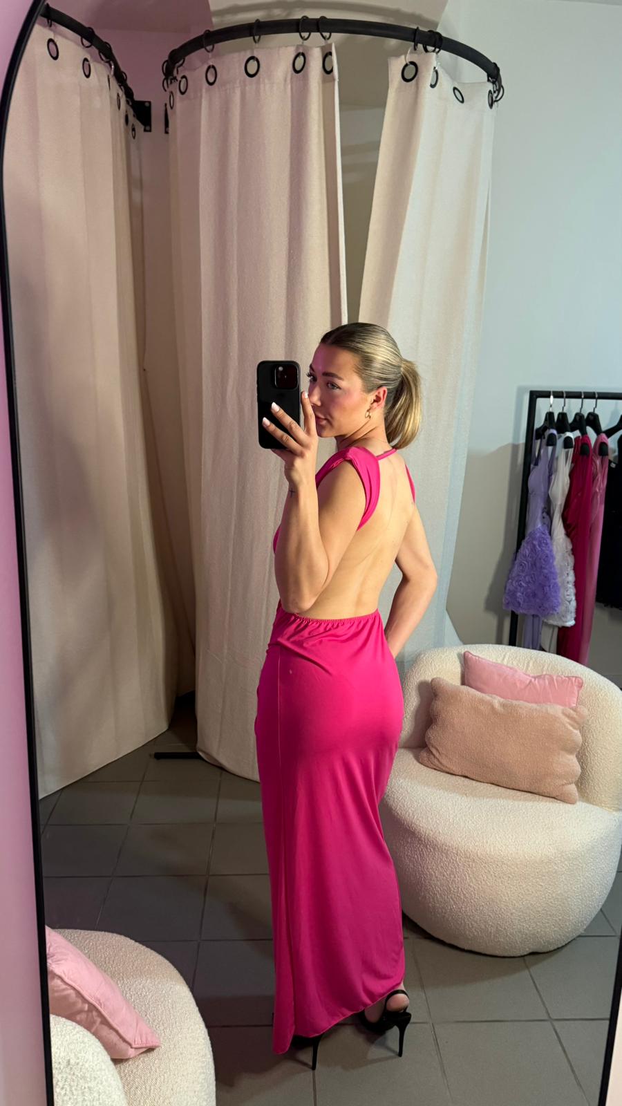 Rochie Lungă Roz Fucsia cu Decupaje